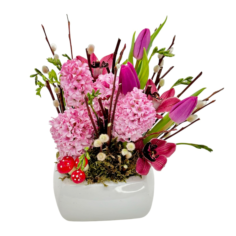 vaseman 花器 Aranjament in vas ceramic, zambile, lalele, orhidee, aniversarea