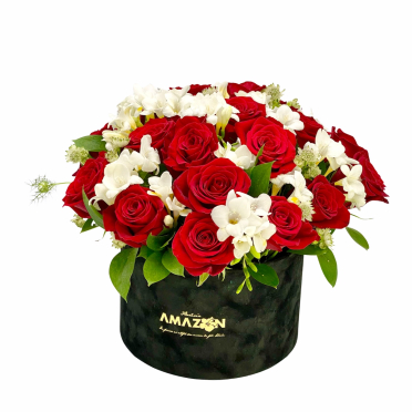 livrare Cutie trandafiri rosii si frezii albe