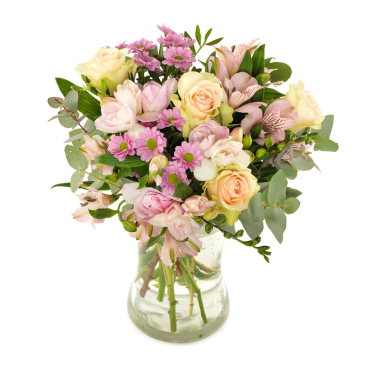 Buchet 11 flori pastel trandafiri frezii alstroemeria