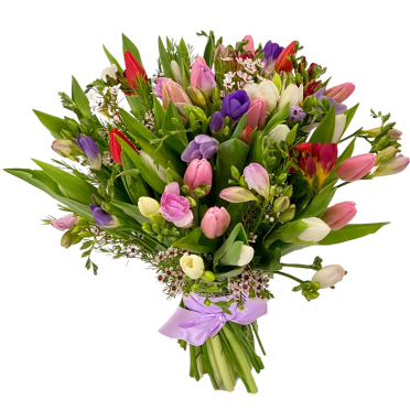 Buchet de lalele si frezii personalizat ieftin cu livrare la domiciliu in Bucuresti si Ilfov in aceeasi zi