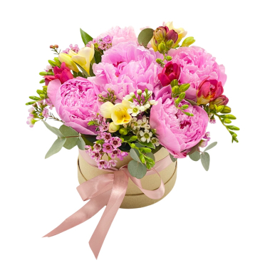 Cutie cu flori deosebita bujori roz si frezii