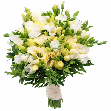 Buchet mireasa 15 frezii albe si 10 lisianthus crem Bucuresti Sector 1 2 3 4 5 6