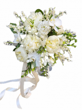 Buchet mireasa rotund cu lacramiore bujori frezii albe Bucuresti Ilfov