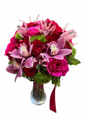 Buchet mireasa nasa cununie trandafiri orhidee imperiala magenta livrare la domiciliu