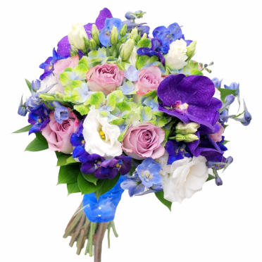 Buchet de mireasa cu orhidee vanda trandafiri hortensie delphinium ieftin buget oferta promotie
