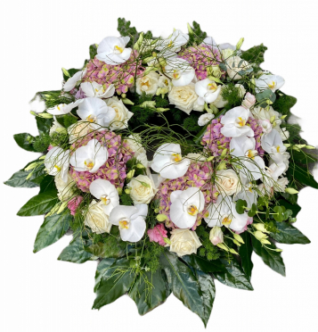 Coroana funerara din flori rotunda Hortensii Orhidee Trandafiri