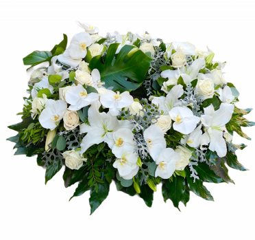 Coroana funerara cu orhidee crini trandafiri albi livrare imediata