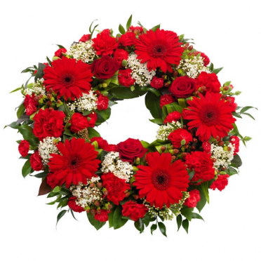 Coroana funerara rotunda trandafiri garoafe gerbera rosie sau alba
