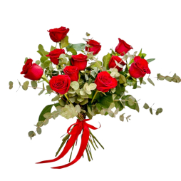 Buchet de flori 11 trandafiri rosii și eucalipt