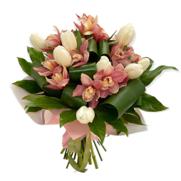 Lalele albe si Orhidee imperiala in buchet flori exotic