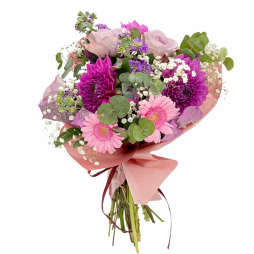 Buchet cu flori mov dalii, trandafiri, matthiola