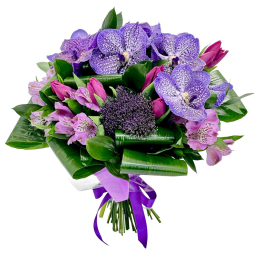 Buchet flori cu orhidee Vanda si lalele mov, aniversare