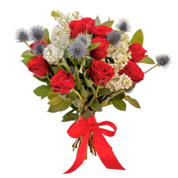 Buchet flori de ziua indragostitilor, trandafiri rosii si liliac