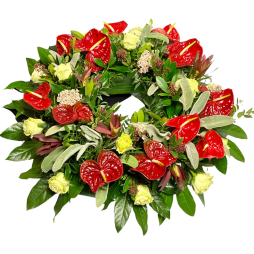 Coroana rotunda funerara trandafiri si flori exotice cu livrare urgenta