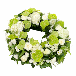 Coroana funerara rotunda hortensii, anthurium si trandafiri