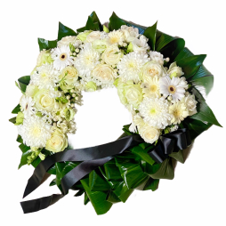 Coroana funerara rotunda o parte flori o parte frunze