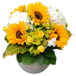 Aranjament floral hortensie alba floarea soarelui si trandafiri galbeni