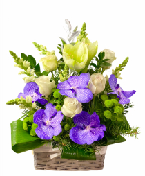 Aranjament floral in cos trandafir cupe de orhidee vanda