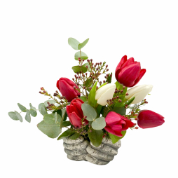 Aranjament floral vas de ceramica Maini cu lalele rosii si albe