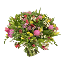 Buchet aniversar de primavara din frezii lalele anemone si bujori 65 fire
