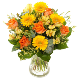 Buchet de flori portocalii si galbene trandafiri gerbera alstroemeria 13 fire la domiciliu
