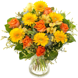 Buchet de flori portocalii si galbene trandafiri gerbera alstroemeria 15 fire