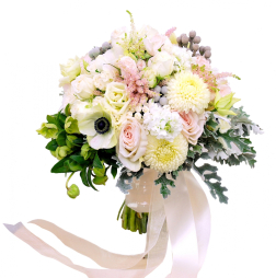 Buchet mireasa anemone trandafiri dalii alb crem