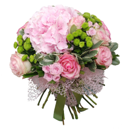 Buchet de trandafiri si hortensie roz Picolini