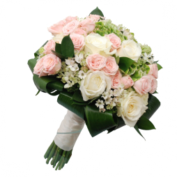 Buchet de flori naturale mireasa trandafiri albi si roz cu hortensie