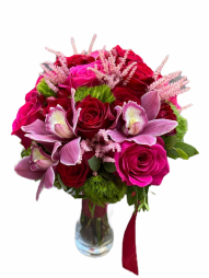 Buchet mireasa nasa cununie trandafiri orhidee imperiala magenta livrare la domiciliu
