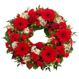 Coroana funerara rotunda trandafiri garoafe gerbera rosie sau alba
