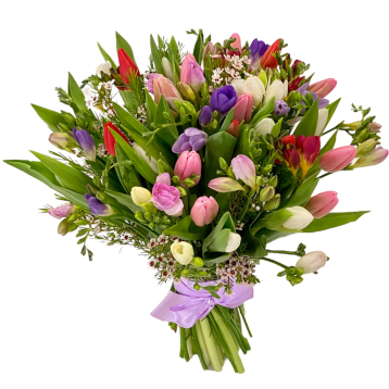 Buchet de lalele si frezii personalizat ieftin cu livrare la domiciliu in Bucuresti si Ilfov in aceeasi zi